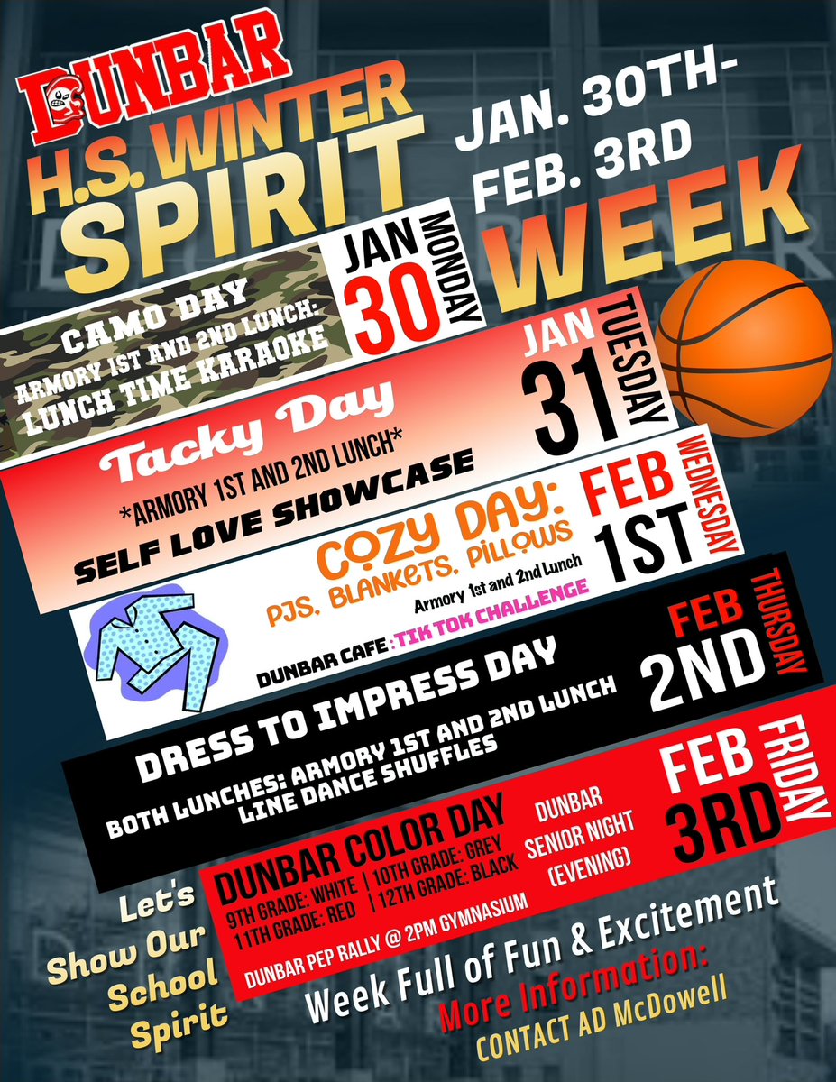 DunbarDCSports's tweet image. Introducing our Official 2022-2023 Dunbar HS SPIRIT WEEK! Lets show up to show out! 🔴⚫️
#EverydayAtDunbar #WeWorkForKids