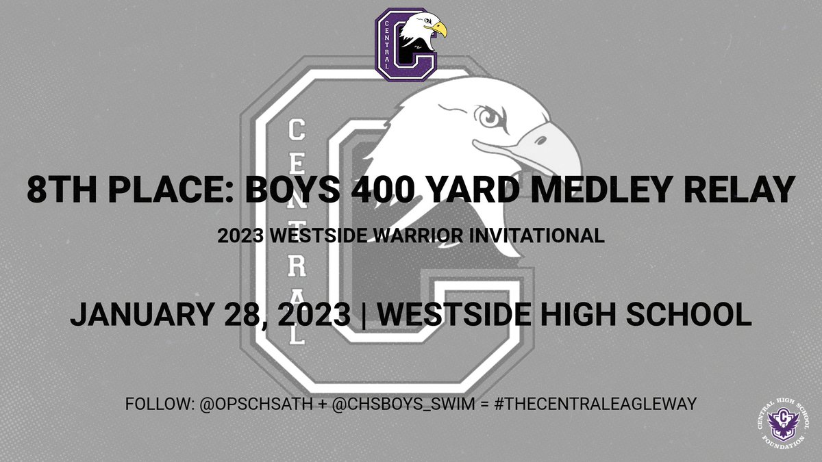 #CentralAthleticDepartment: 2023 Warrior Invite! Congratulations <a href="/CHSBoys_Swim/">Central Boys Swim & Dive Team</a> 8th Place 400 Yard Free Relay! Let's go Eagles! #OOOHAAAH

#TheCentralEagleWay #DowntownProud

chsathletics.net