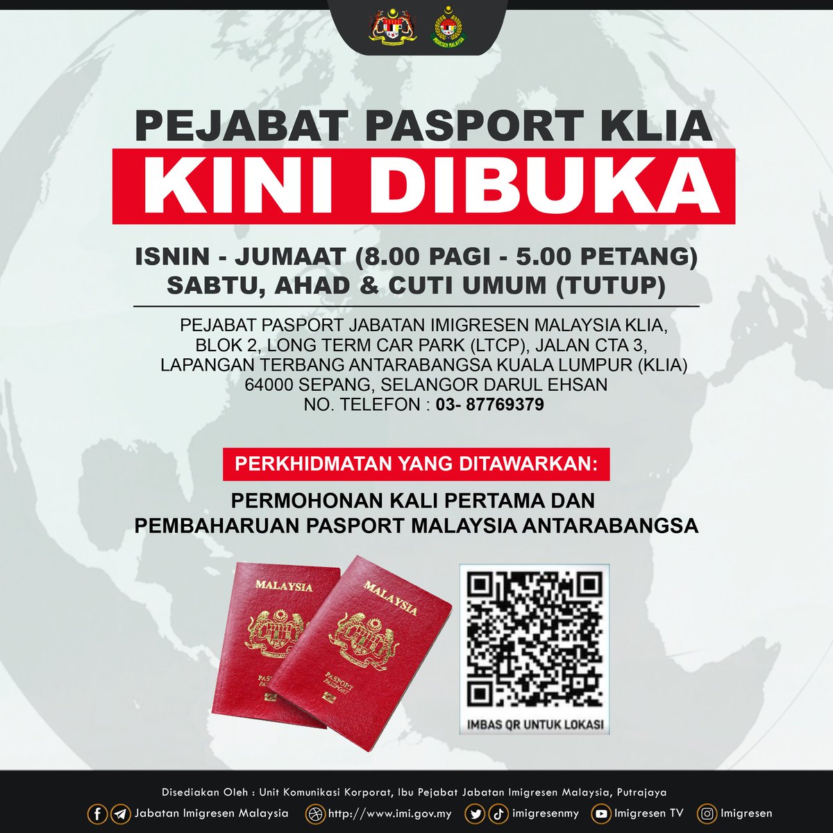 imigresenmy's tweet photo. [HEBAHAN] PEJABAT PASPORT KLIA KINI DIBUKA

Pejabat Pasport KLIA telah beroperasi dan menyediakan kemudahan perkhidmatan permohonan kali pertama serta pembaharuan Pasport Malaysia Antarabangsa. 

https://t.co/b5tNbw6RCJ https://t.co/h52ZTK6vfO