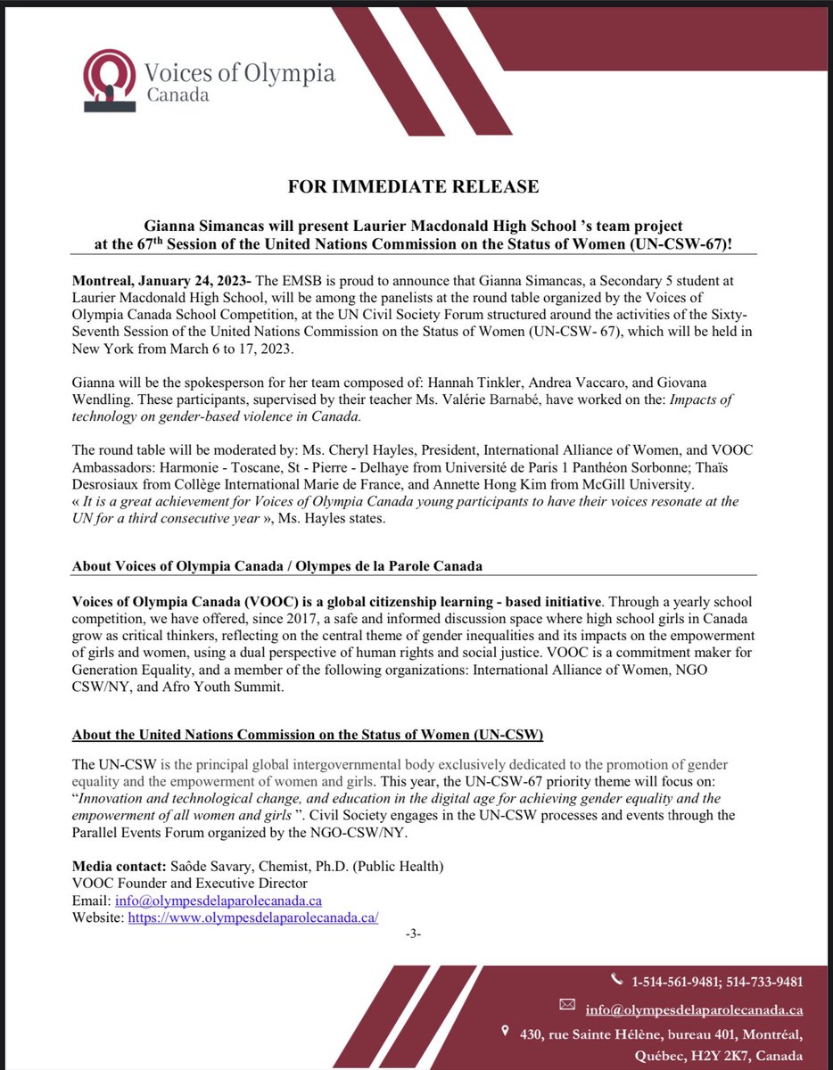 Laurier Macdonald Olympe de La  Parole Team will be presenting at the United Nation!
Congrats to Gianna Simancas, Hannah Tinkler, Andrea Vaccaro and Giovana Wendling for this amazing achievement! #olympedelaparole #Lmac #Eastendschools #IBMYP #communicators #risk-takers #caring