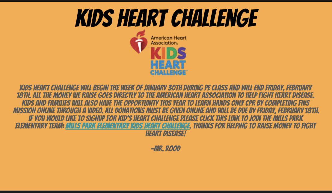 MPE Families- Kids Heart Challenge begins this week and will end Friday, February 17th. Use this link to signup your child now and help fight heart disease! www2.heart.org/site/TR?pg=com…
