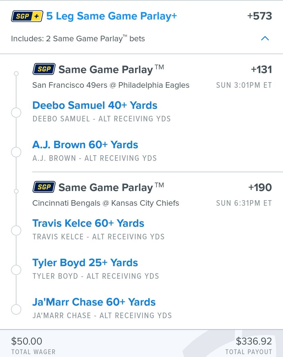 Only 3 more bites at the #football apple. Mixing these up a few ways. #ConferenceChampionship #FlyEaglesFly #SGP  #NFLPlayoffs #props #parlay #bets #shareyourpain #GamblingTwitter #gambling #NFL #winners #proppinandlockin #locks 🔒 #badbeats #NFCChampionship #AFCChampionship 🏈