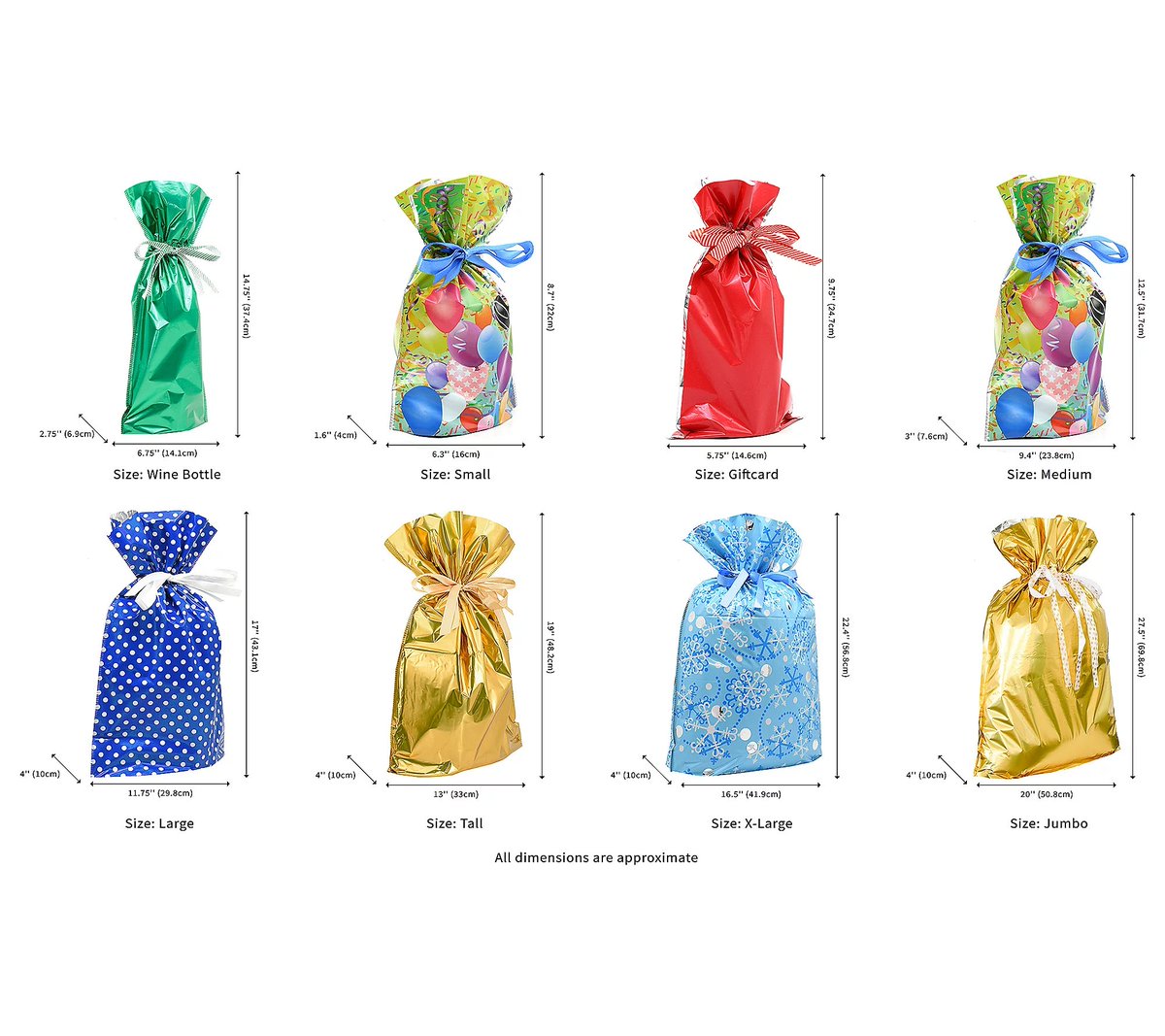 With a variety of sizes with easy drawstring gift bags make the holidays easier. Small 6.3" x 8.7" x 1.6"
Medium 9.5" x 12.6" x 3.1"
Large 11.8" x 17" x 4"
Tall Large 13" x 19" x 4"
Extra-Large 22.5" x 16.5" x 4"
Bottle 14.5" x 7" x 3"
Jumbo 27.5" x 20" x 4"
#winegiftbag🍾🎉