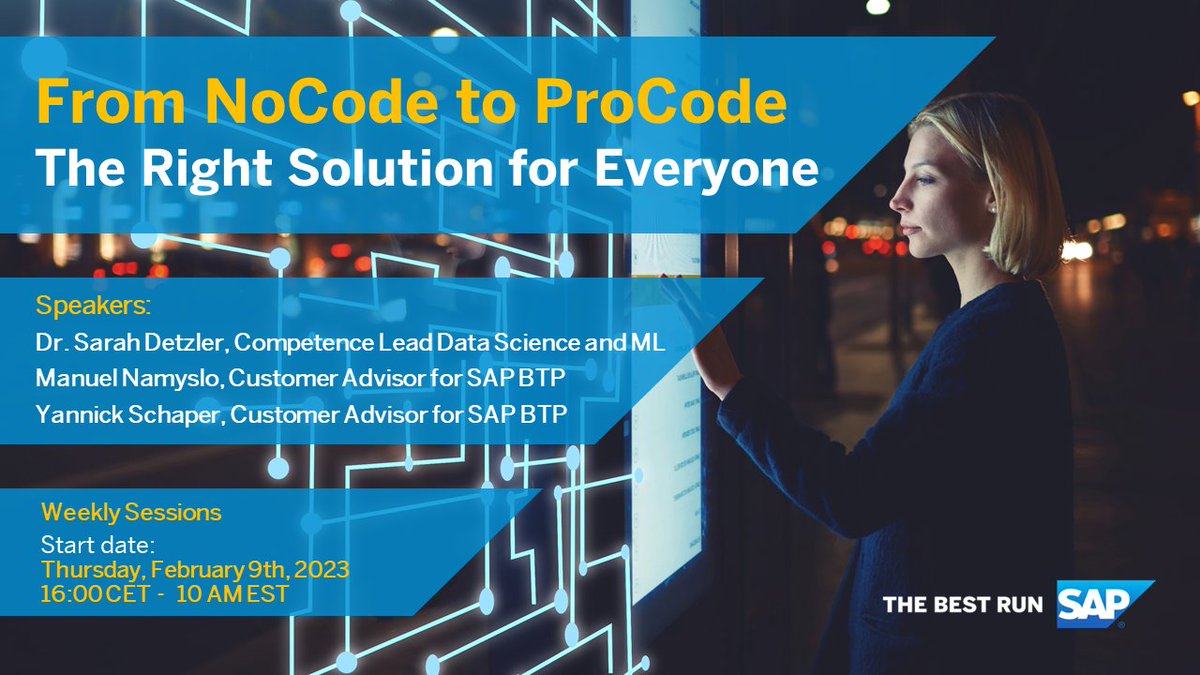 Nowadays, data scientists and more business users leverage Machine Learning to better their decision-making.☑️ 

At #SAP, we offer various tools, from low code to pro code, to find the right solution for everyone. 

💡Join our webcast series to learn more: imsap.co/60143dGyi