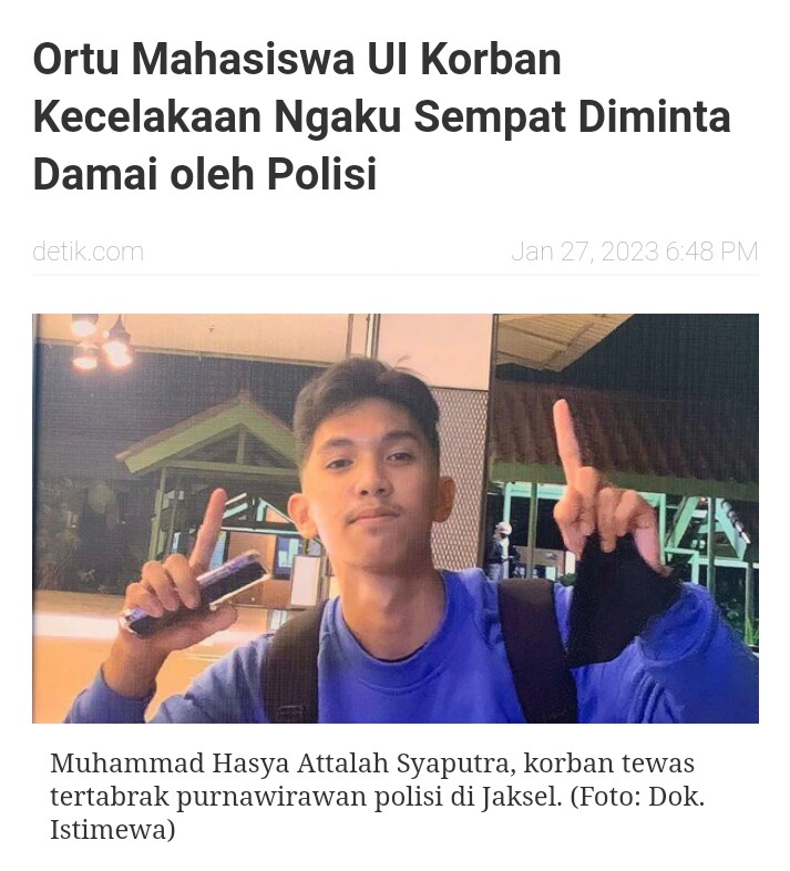 indowfofficial's tweet photo. ORTU MAHASISWA UI KORBAN KECELAKAAN NGAKU SEMPAT DIMINTA DAMAI OLEH POLISI! 

Link : https://t.co/JMY8mMoUpj

Selengkapnya diutas :

HALO PRESISI ? KORBAN MENINGGAL DUNIA LHO! https://t.co/Gp9j2sQo7v