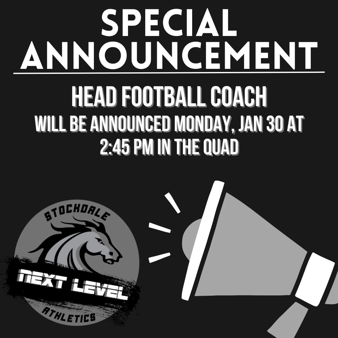 Mustang Nation,
Stockdale HS is ready to announce the next Head Football Coach.

Press conference Monday, 1/30/23 in the quad at 2:45pm.

<a href="/HometownBAK/">Hometown Sports</a> <a href="/GKerr29sports/">Greg Kerr</a> <a href="/KGETnews/">KGET 17 News</a> <a href="/BVarsityLive/">BVarsityLive</a> <a href="/PAGMETER/">PAGMETER</a> <a href="/KernHighNetwork/">Kern High Network</a> <a href="/KHSD_Official/">KHSD</a> @FFXonKGET <a href="/StephenTLynch/">Stephen Lynch</a> <a href="/BakoSportsNet/">Bakersfield Sports Network</a>