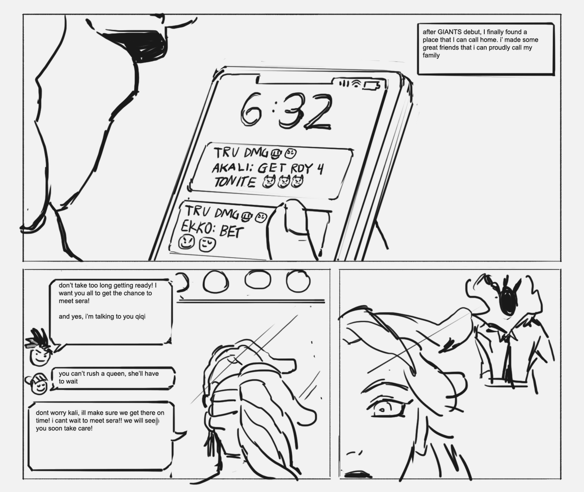 heres a comic from 2020. i wanted senna to be the main focus! 
also akali introducing sera to the crew (since this was around when kda made their comeback!) 
