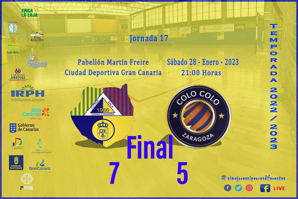 grancanariafs's tweet photo. 🟡🔵 2ª FEDERACIÓN FUTSAL
🏆 Jornada 17 🆚 Colo Cooo Zaragoza
Final
#TODOSaUNA #GranCanariaFS #futsal #nimejoresniperoresdiferentes #SomosFutsal https://t.co/CjCXHyiwYM