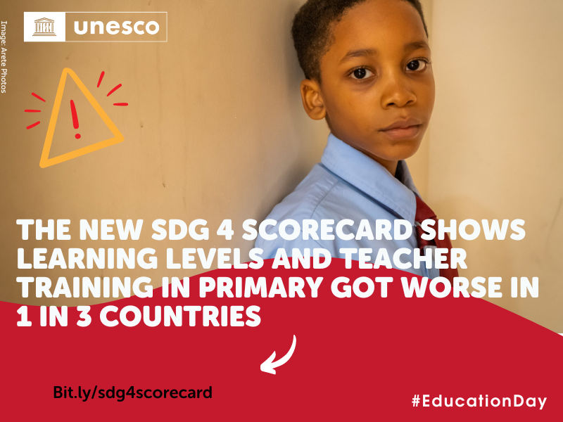 UNESCO's tweet photo. Red flag! 

The new #SDG4 Scorecard by @GEMReport and @UNESCOstat shows that 1 in 3 countries 📉 saw learning levels and training of teachers become worse at the pre-primary and primary level.  

https://t.co/LpOv4Ba1qO https://t.co/wZUjZCsyZe