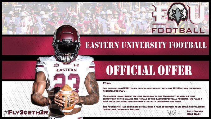 Ethan Eisenberg (@ethaneisenberg) on Twitter photo After a great visit and great conversations with the coaches, I am grateful to receive another offer to play football at the next level <a href="/EUEaglesFB/">Eastern University Football</a> !
<a href="/CoachNateHinkle/">Nate Hinkle</a>
<a href="/Coach_Crock/">Billy Crocker</a>
<a href="/BulldogSpring/">Big Spring Bulldog Football</a> After a great visit and great conversations with the coaches, I am grateful to receive another offer to play football at the next level <a href="/EUEaglesFB/">Eastern University Football</a> !
<a href="/CoachNateHinkle/">Nate Hinkle</a>
<a href="/Coach_Crock/">Billy Crocker</a>
<a href="/BulldogSpring/">Big Spring Bulldog Football</a>