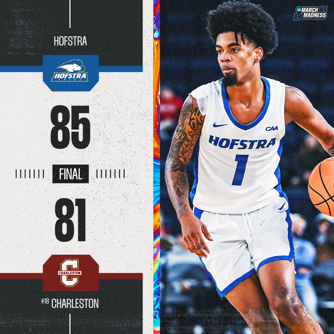MarchMadnessMBB's tweet photo. HOFSTRA DOWNS NO. 18 CHARLESTON 👀

The Pride snaps Charleston’s 20-game winning streak 😳 https://t.co/DEBk6XXae1