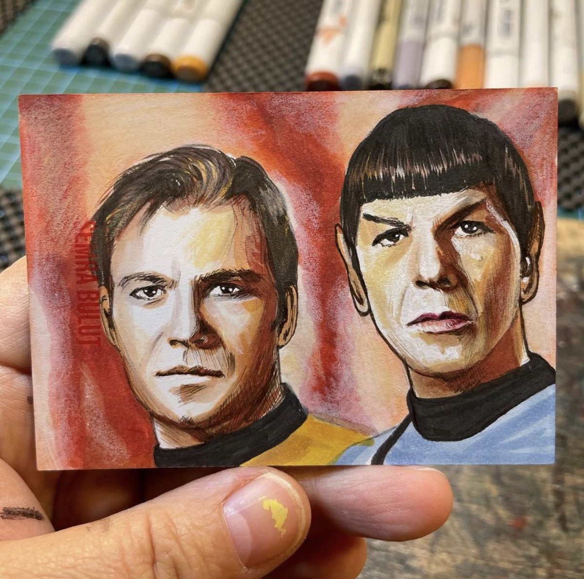 Such a great mini work of art by <a href="/semraabulut/">semra bulut</a>! Love the classic Kirk and Spock, and all in markers! 

#StarTrekArt #SupportArtists #Spirk #KirkandSpock #Kirk #Spock #StarTrekTOS #StarshipTempest #StarTrek #ColoredMarkers