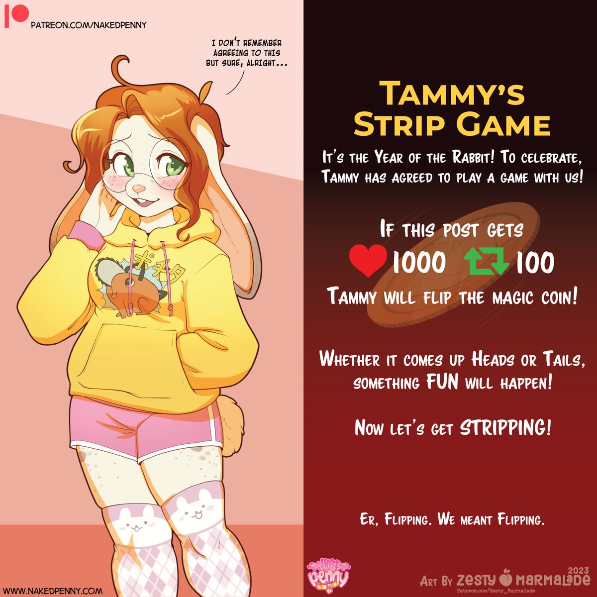 You didn't think we could let both the Year of the Rabbit AND that lovely strip game trend go without some kind of acknowledgment, did you?  X)  Many thanks to our good friend <a href="/zesty_marmalade/">🔞A Very Zesty Marmalade</a> for making this happen!  Now let's see how Tammy's luck fares with the coin...