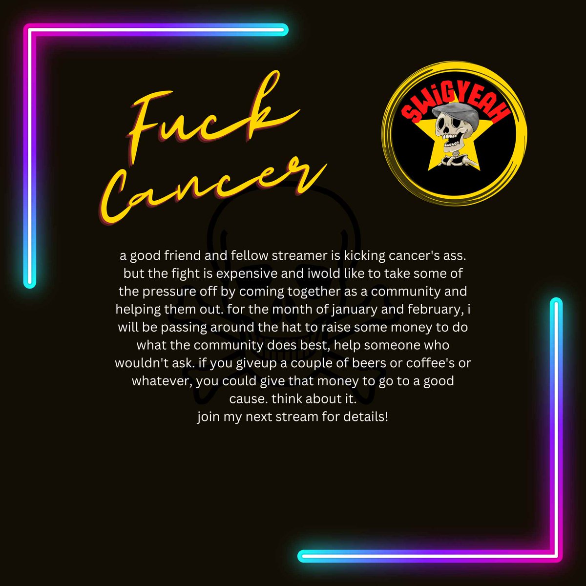 swigyeah's tweet photo. #effcancer #helpafriend #dickclique #twitchstreaming  #punk #punkrock #skull https://t.co/w0hiizpd2p