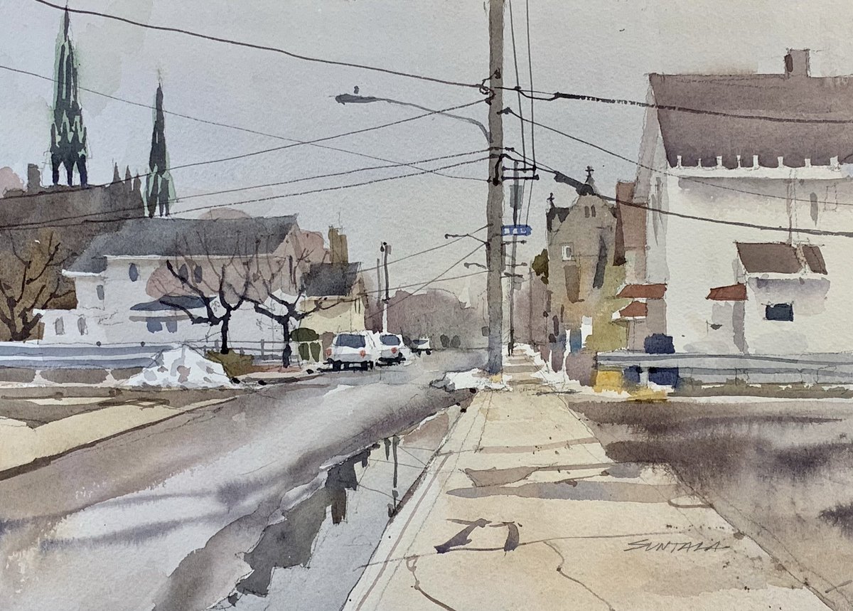 JeffSuntala's tweet photo. Went driving around looking for something to paint with a little snow still on it and landed on Kinkel Ave again off of W 25th. This time I made sure I included St. Michael’s on the left. The #carstudio is working out. https://t.co/R1hwliJ465