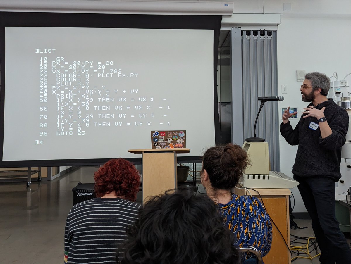 TaviusKoktavy's tweet image. At #CCFestNYC today @shiffman live coded the classic "bouncing ball" graphics program on a 1977 Apple II. Only 15 lines of code!
Stay inspired. Hardware is not the limitation.
#creativecomputing #codeart #p5js #basic