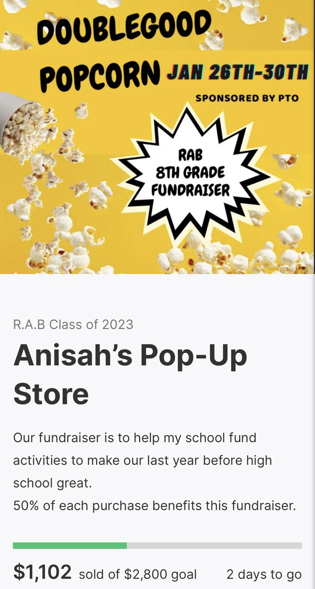 48 hrs left!  Link in thread 💕🎉Thank you family, friends, neighbors, State of Illinois workers and Chicago Police officers for your support! #doublegoodpopcorn #supportlocal #supportheyouth #fundraiser #chicagopublicschools #cpd #stateofillinois #atlanta