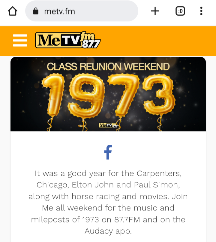 VenusInMomJeans's tweet photo. #ClassReunionWeekend
#ClassOf1973
50th Year Golden Anniversary
2 songs from 1973 played back-to-back and the mileposts of 1973:
87.7FM @MeTVFM Chicago radio
On Audacy app search for MeTVFM
Listen Live: https://t.co/fBT7nllHq6 (Audacy .com)
Alexa/Google say: "Play Me TV FM" https://t.co/RMtgWkNmGa
