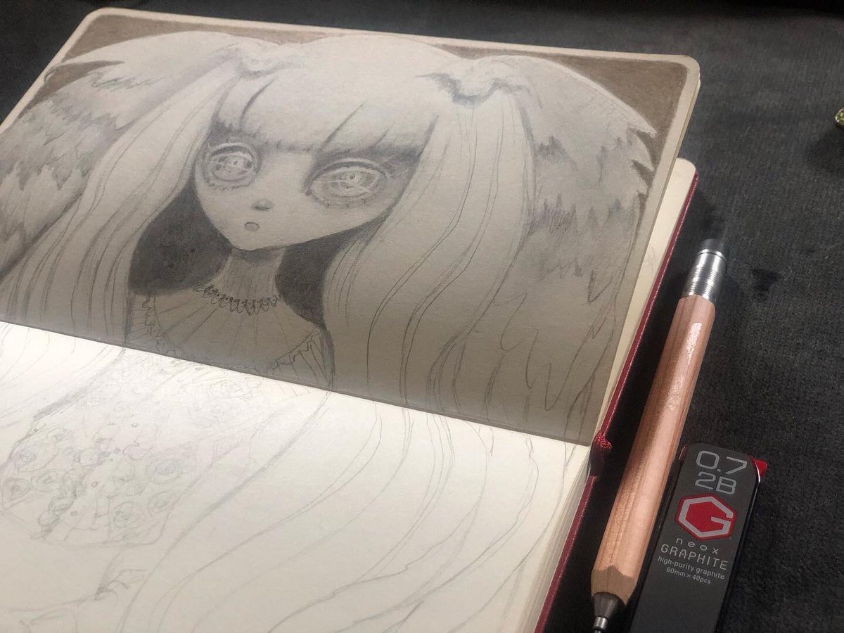 AngelusNoir's tweet image. Experimenting with matte high purity graphite for a spooky little gothy Lenore…area around the neck has about 5-6 burnished layers and minimal shine #angelusnoir #highpuritygraphite #lenore #gothgirl #pencildrawing #graphite #mattgraphite #pencil #sketchbook #sketchbooksunday
