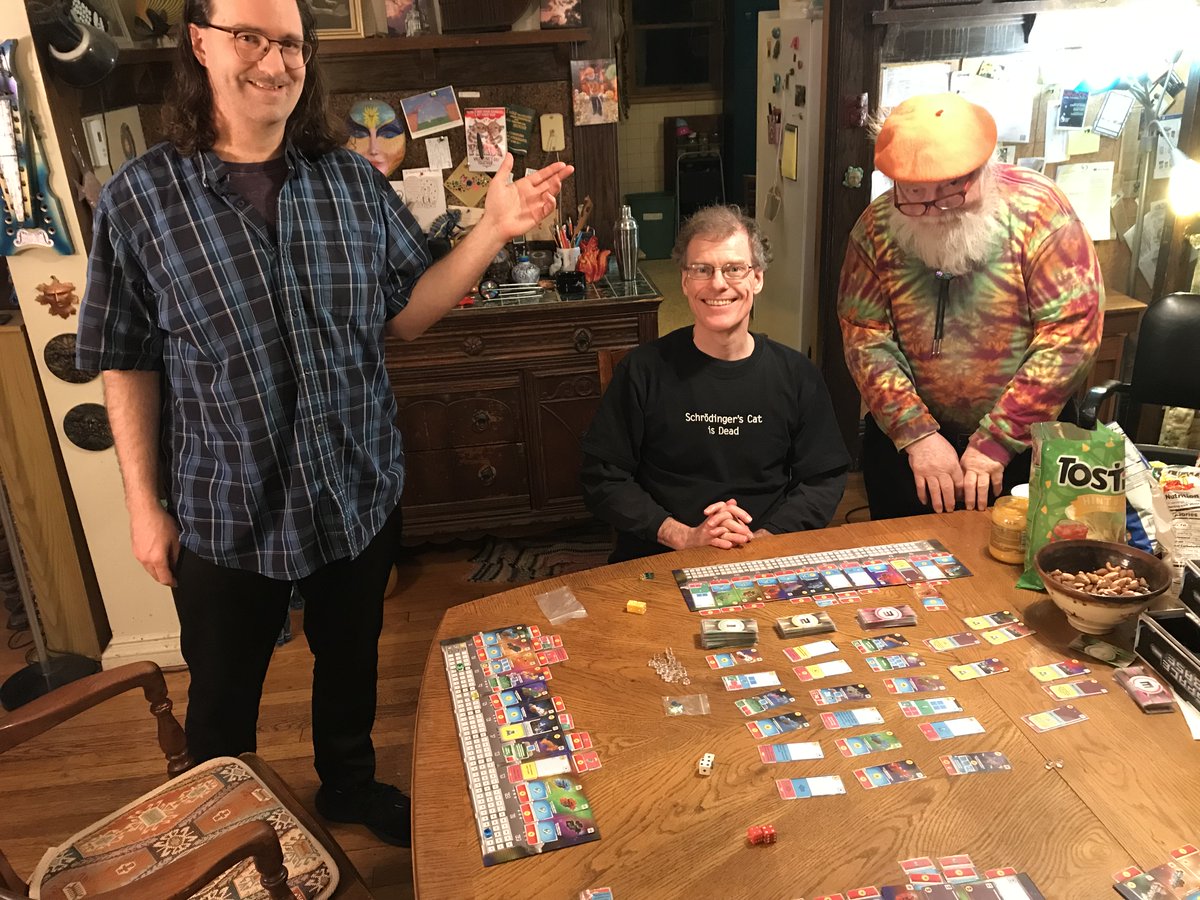 JohnGoodenough's tweet image. Most of my playtesting is virtual via Tabletop Simulator. It’s great to playtest the new Space Base expansion old school with the old school again.