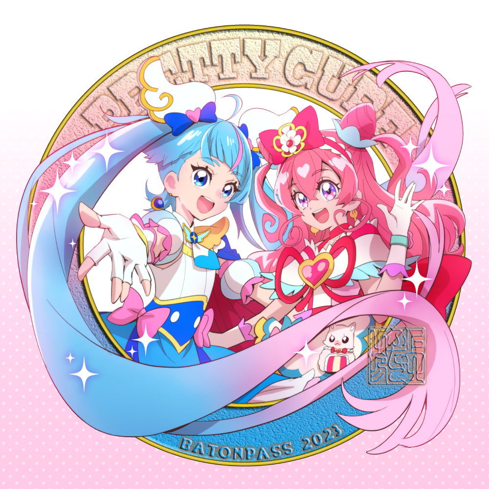 multiple girls 2girls pink hair gloves jewelry bow blue eyes  illustration images