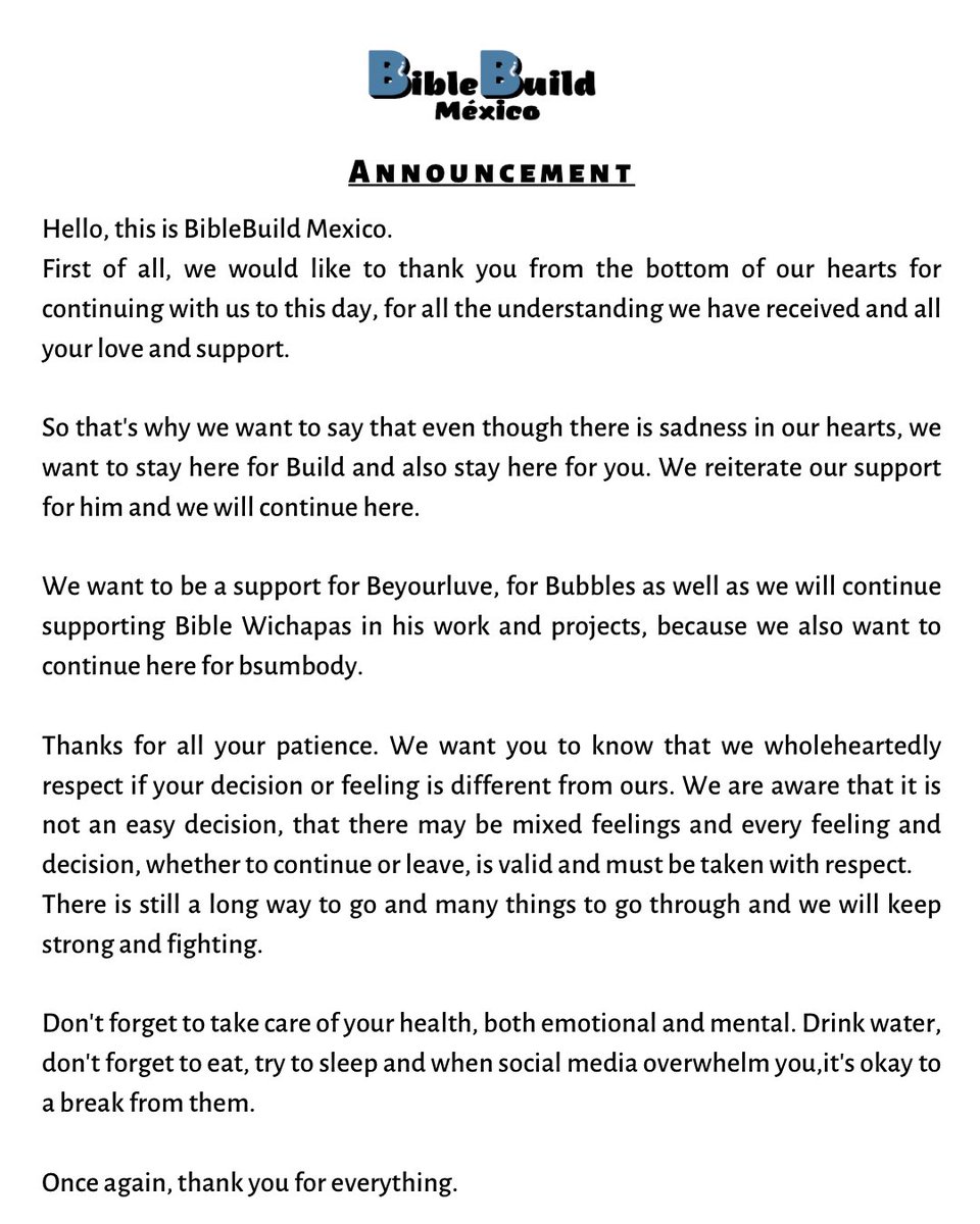 biblebuildmex's tweet photo. Comunicado sobre nuestra postura de la situación actual.

Somos Bubbles, somos Beyourluve somos bsumbody, amamos a ambos y les amamos a ustedes 💙🖤 aquí seguiremos luchando juntos 💪🏻

#BibleBuild #BuildJakapan  #BibleWichapas #BeyourluvexBuild https://t.co/n8HYFCp2jZ