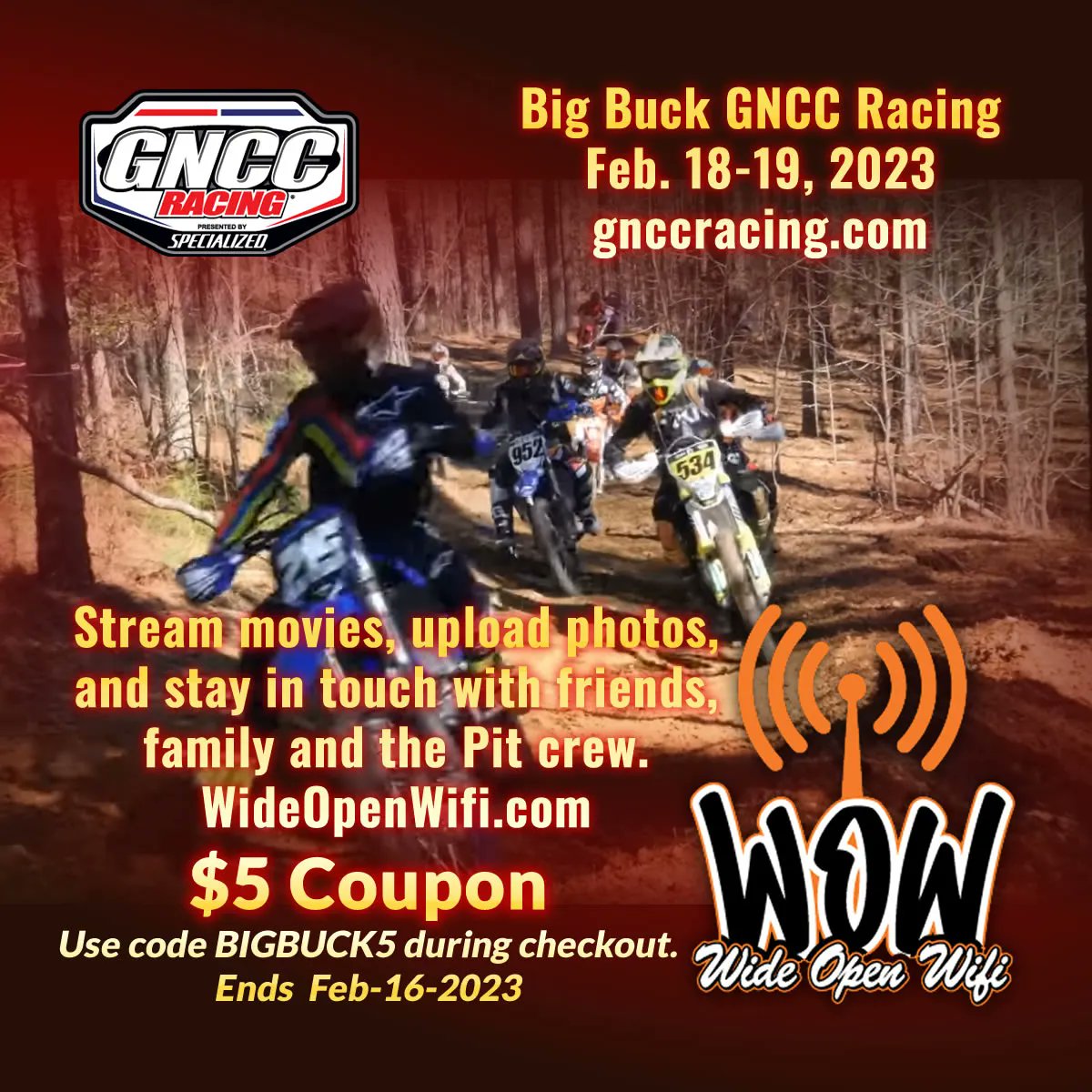 WideOpenWiFi's tweet photo. ICYMI ‼️ we will be providing WiFi to attendees of the @BigBuckRacing event happening at @BigBuckEvents in just 3 weeks! Click the link in our bio to purchase your passes in advance &amp; avoid long lines the day of 💯🙏🏽 #GNCC #GNCCRacing #GNCCRace #BigBuckFarms #BigBuckEvents 🔥 https://t.co/o4qTEvWb4o