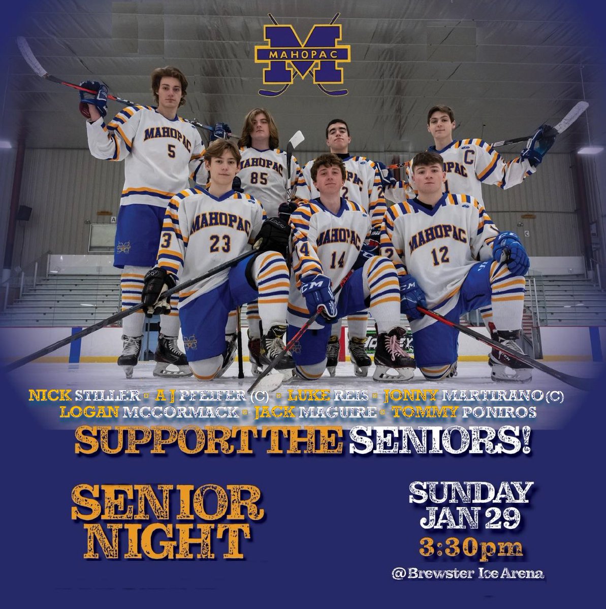 Senior Night is Sunday afternoon 3:30pm.
Congrats <a href="/jonnymart21/">Jonny Martirano</a> <a href="/TPoniros/">Tommy Poniros</a> <a href="/Jackmaguire05/">Jack</a> <a href="/LoganMcCormack6/">Logan McCormack</a> Luke Reis, Nick Stiller, <a href="/PfeiferAj/">AJ Pfeifer</a>