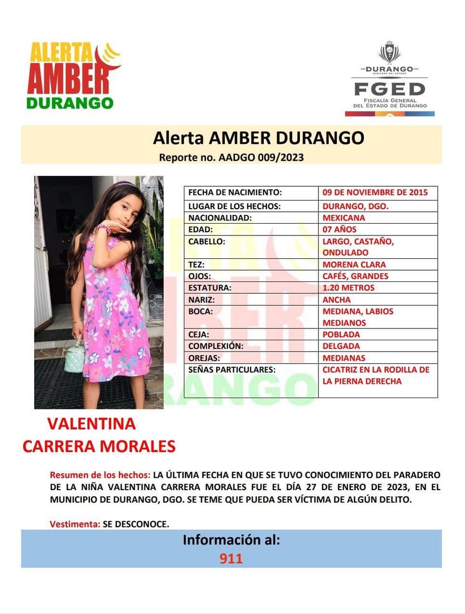 Luis_TV10's tweet photo. #AlertaAmberMx Se solicita tu ayuda para localizar a la menor de ocho años de edad, Valentina Carrera Morales. Cualquier información comunícate al núm. de emergencias 911. @DgoFiscalia https://t.co/A7hNLCoBJR
