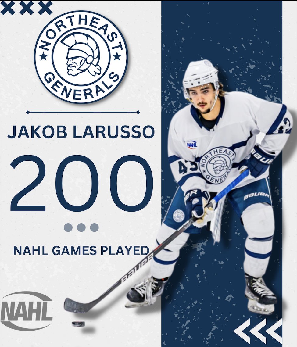 negenerals's tweet photo. Tonight marks 200🎉
Congratulations to Northeast Generals forward Jakob LaRusso on 200 @nahlhockey games! LaRusso currently leads the league in goals with 23 in 32 games. #GensFamily https://t.co/jzEzvzOxMx