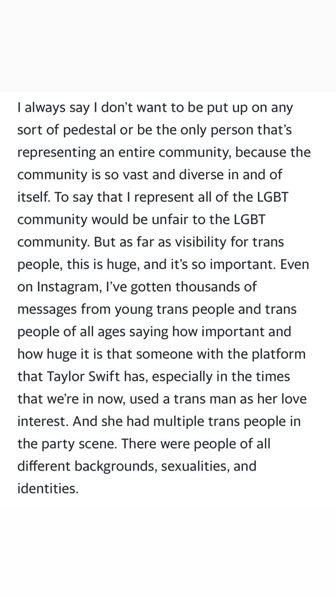 Taylor Swift News (@TSwiftNZ) on Twitter photo 2023-01-29 03:21:31 💬 | “As far as visibility for trans people, this is huge… I’ve gotten thousands of messages from trans people saying how important it is that someone with the platform that Taylor Swift has used a trans man as her love interest.”
— @laith_ashley on the #LavenderHazeMusicVideo 💬 | “As far as visibility for trans people, this is huge… I’ve gotten thousands of messages from trans people saying how important it is that someone with the platform that Taylor Swift has used a trans man as her love interest.”
— @laith_ashley on the #LavenderHazeMusicVideo