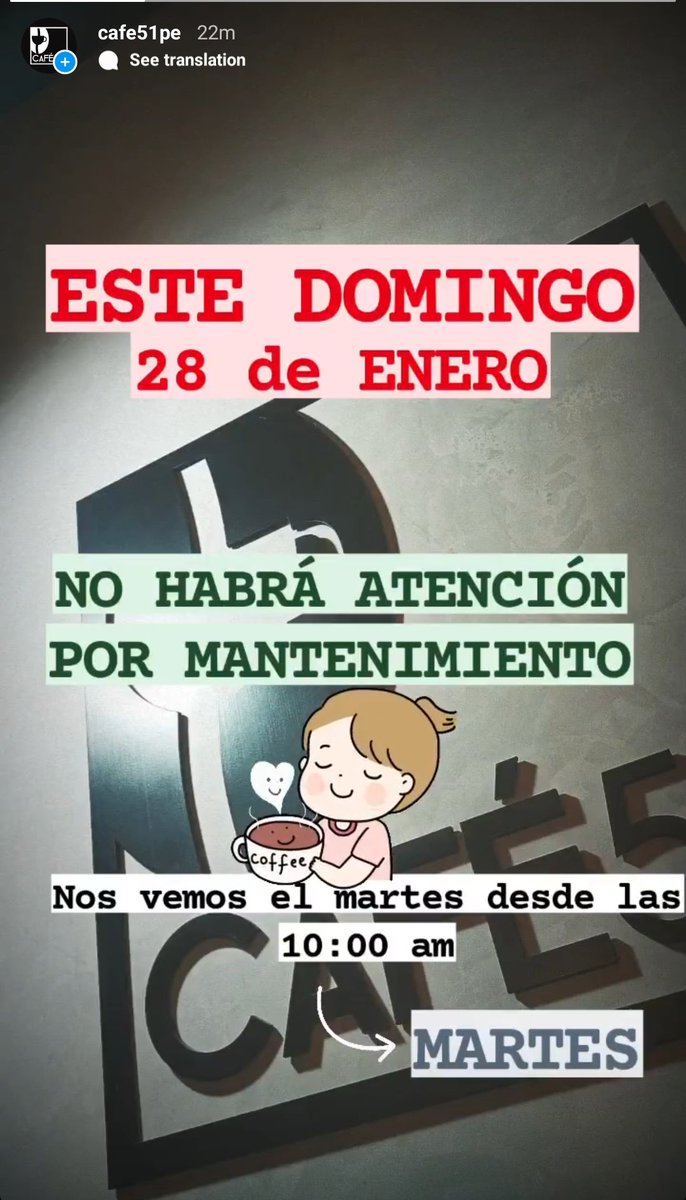 Cafe51pe's tweet photo. Atención! Mañana domingo estaremos en mantenimiento... El Martes volvemos con todo!
🙂 https://t.co/INLwlfHaXG