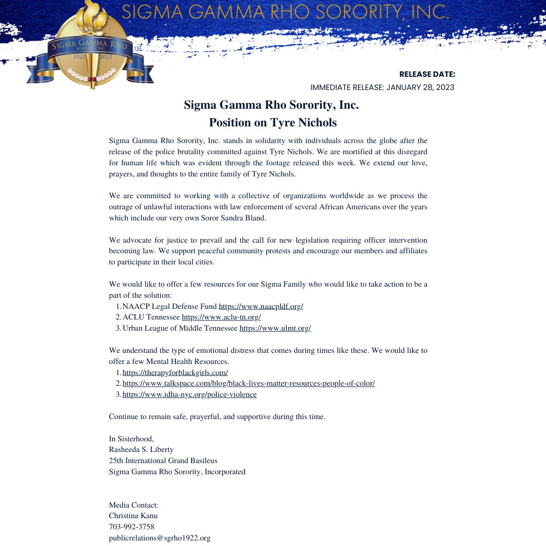 Sigma Gamma Rho Sorority, Inc. Position on Tyre Nichols

#SigmaGammaRho #TyreNichols