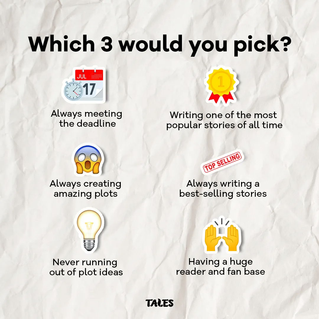 You can only pick 3! What would you pick? 🤔 

#writersoftwitter #TalesFiction #InteractiveFiction #Writers #WritersCommunity