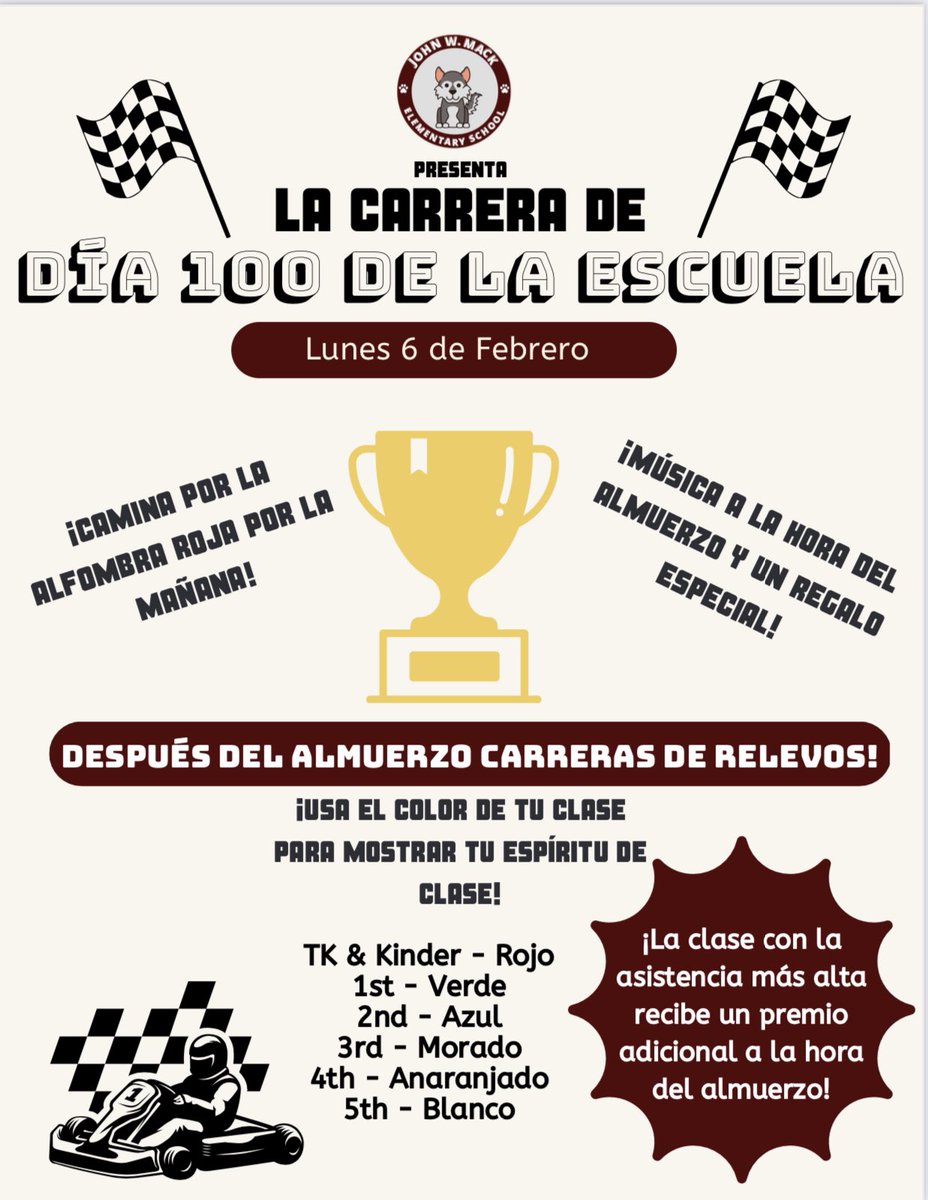 The race to the 100th Day of School! Be present! Show up everyday! 🏃🏽‍♀️🏃🏽🏃🏽‍♂️🏁

La carrera hacia los 100 días de escuela! Estén presenten! Lleguen a la escuela todos los días! 🏃🏽‍♀️🏃🏽🏃🏽‍♂️🏁