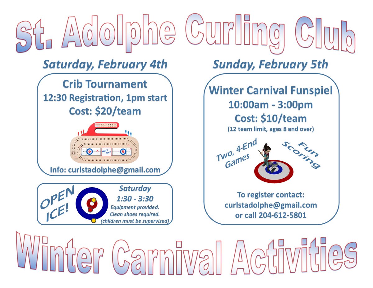 dan_suds's tweet photo. We are looking for a few more teams to participate in the St.Adolphe Family + Friends Funspiel. Lots of fun, no experience required. All ages, fun scoring!! https://t.co/iL8dtgguTL