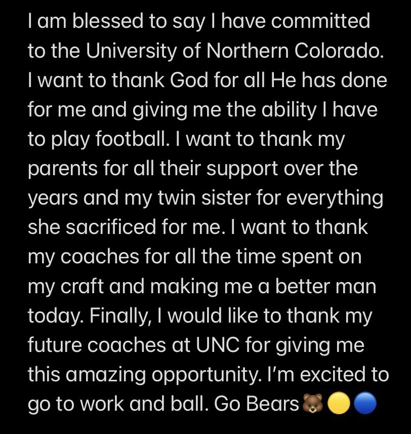 Brody Bliek (@bliekbrody) on Twitter photo After a great official visit and time with the coaching staff <a href="/UNC_BearsFB/">Northern Colorado Football</a> I am excited to announce my commitment and opportunity to chase my dreams at UNC <a href="/CoachPHadley/">Preston Hadley</a> <a href="/CoachATrain99/">Aaron Fernandez</a> <a href="/GoValorFootball/">Valor Christian Football</a> <a href="/CoachMcGat/">Bret McGatlin</a> <a href="/SixZeroAcademy/">Coach Matt McChesney</a> After a great official visit and time with the coaching staff <a href="/UNC_BearsFB/">Northern Colorado Football</a> I am excited to announce my commitment and opportunity to chase my dreams at UNC <a href="/CoachPHadley/">Preston Hadley</a> <a href="/CoachATrain99/">Aaron Fernandez</a> <a href="/GoValorFootball/">Valor Christian Football</a> <a href="/CoachMcGat/">Bret McGatlin</a> <a href="/SixZeroAcademy/">Coach Matt McChesney</a>