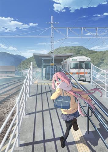 kagamihara nadeshiko 1girl railroad tracks pink hair solo motosu school uniform pantyhose long hair  illustration images