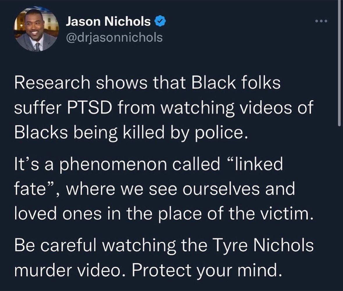 1N5_org's tweet photo. TW: Please be mindful of your #mentalhealth and have a coping/support plan in place before watching the video of #TyreNichols. ✊🏿✊🏾✊🏽
#blackmalementalhealth
#tyrenichols #tyre #secondhandtrauma #secondarytrauma #ptsd #linkedfate #blackmen #blackmenheal #blackmentalhealth https://t.co/lc02fnTx55
