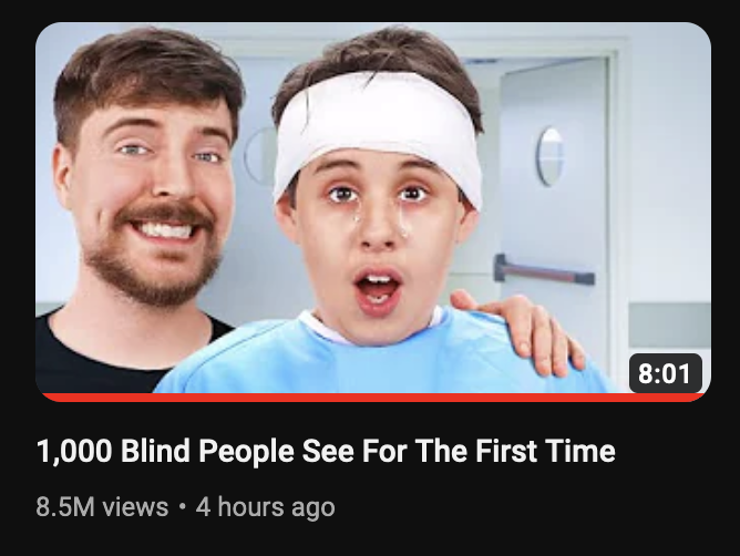 ostonox's tweet image. My take after watching the "Mr Beast Restores 1000 People's Eyesight" video is maybe we could get the U.S. government to nationalize healthcare if Joe Biden gets to post poor people's reactions to his youtube channel when they get their burst appendix removed