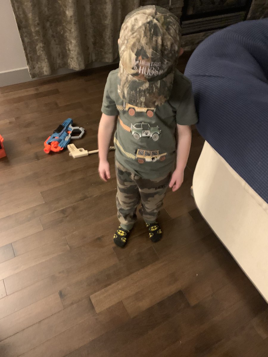 DoubleAlphaDame's tweet photo. The camo force is strong with this young lad. He’s disappointed whenever he can’t wear it. 🤣 who can relate? #futurehunter https://t.co/eumKGELMob