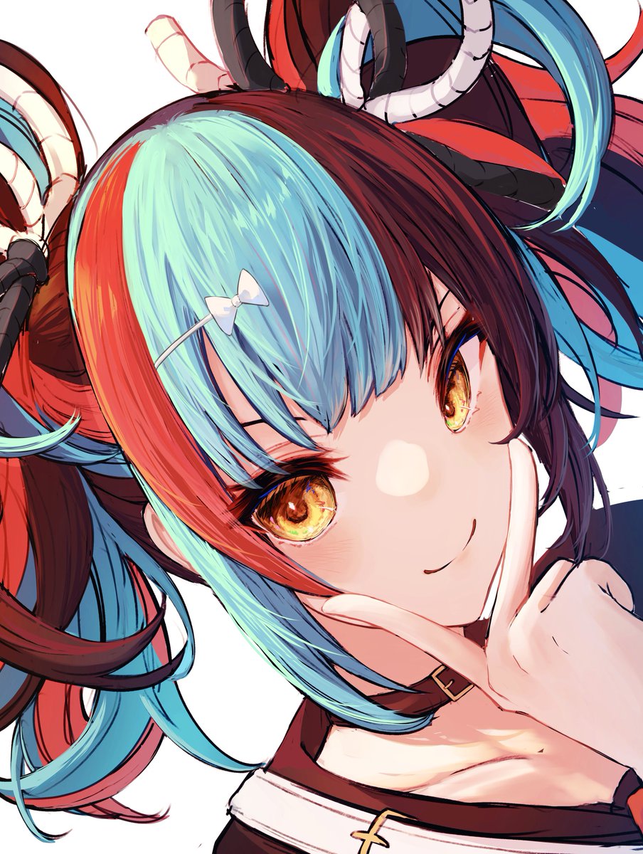 1girl blue hair collar hair ornament looking at viewer red hair smile  illustration images