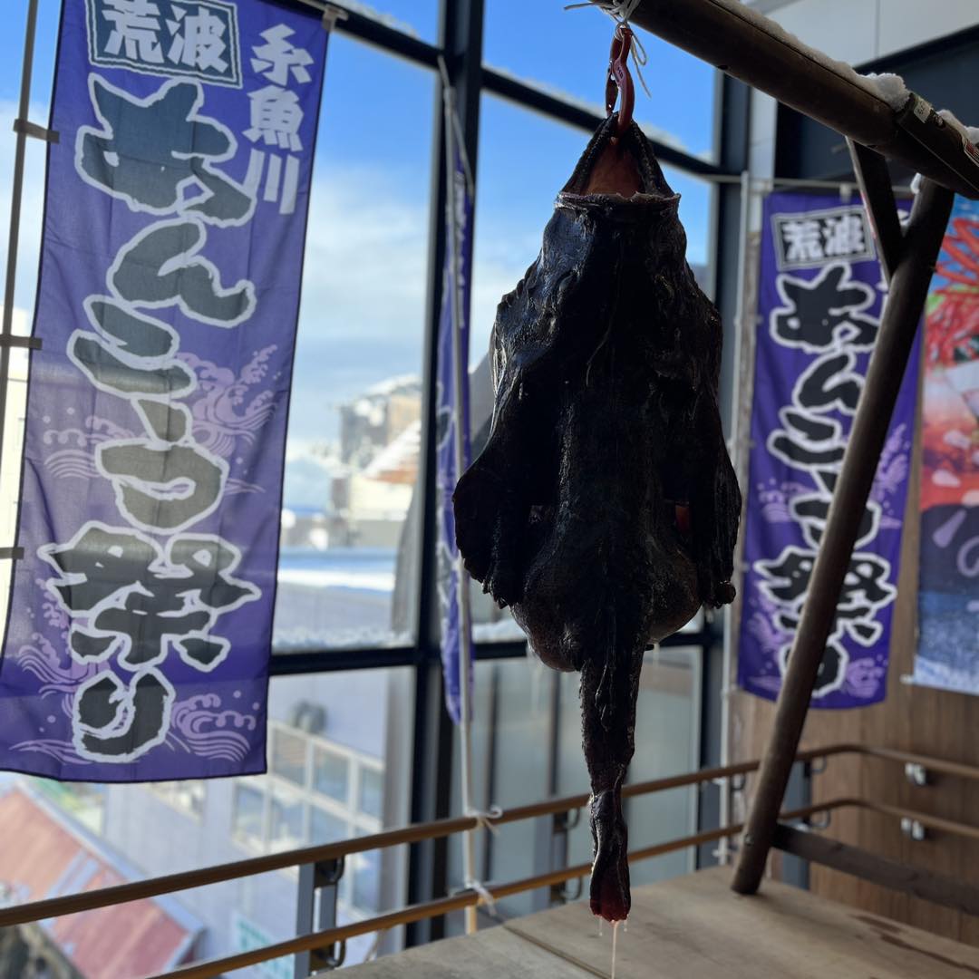 Itoigawa_base's tweet photo. 糸魚川駅、ヒスイ王国館にて
糸魚川荒波あんこう祭り開催中。
あんこうの吊し切りは11:00から! https://t.co/Q37suVNRiY