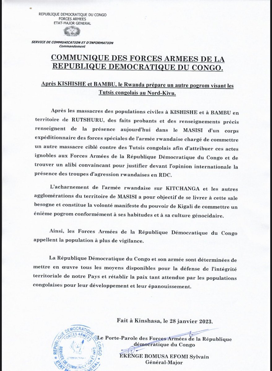 Ubuntu_RDC's tweet photo. #RDC
« Après KISHISHE et BAMBU, le Rwanda prépare un autre pogrom visant les Tutsis congolais au Nord-Kivu. » indique le communiqué des #FARDC.
#UbuntuRDC https://t.co/d17gI48xxX