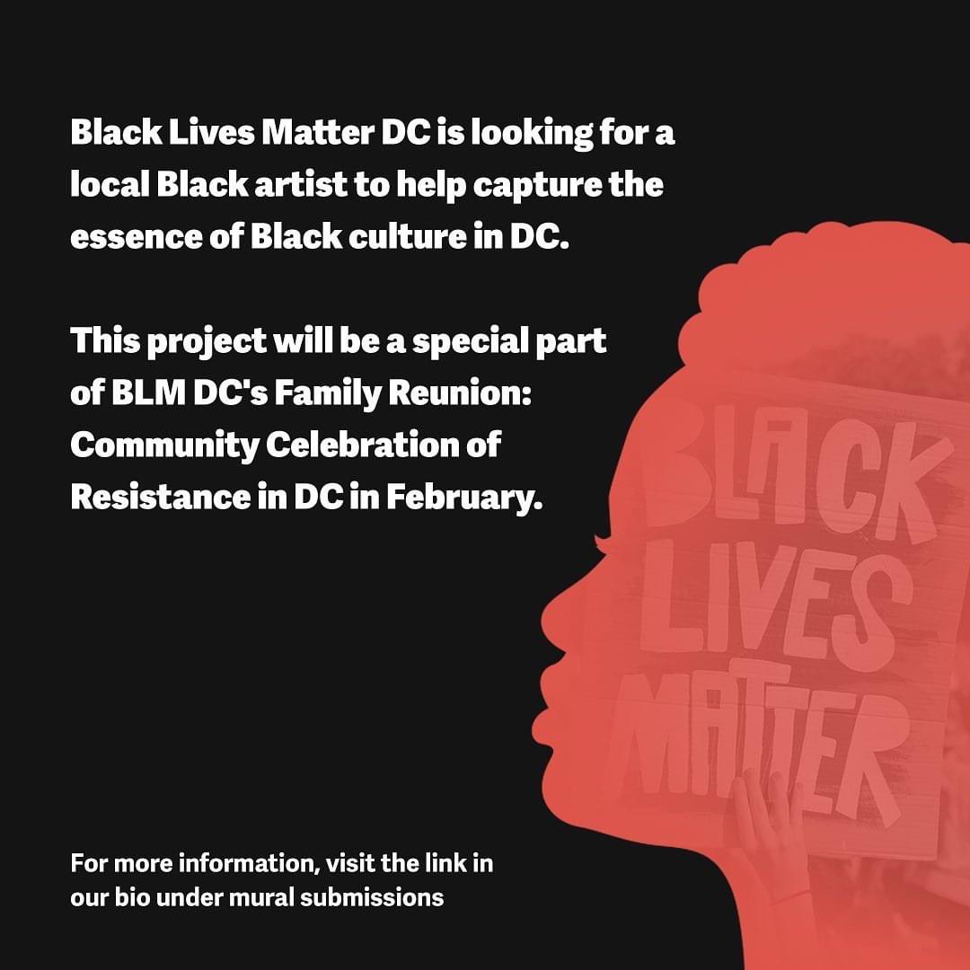 agoggans's tweet image. BLM DC is looking to commission a local artist to develop the mural that will be displayed at our Family Reunion event Feb. 25th. Interested?? Select the “Mural Commission” link here linktr.ee/blm_dc

#DCArtists #BLMDC #WashingtonDC