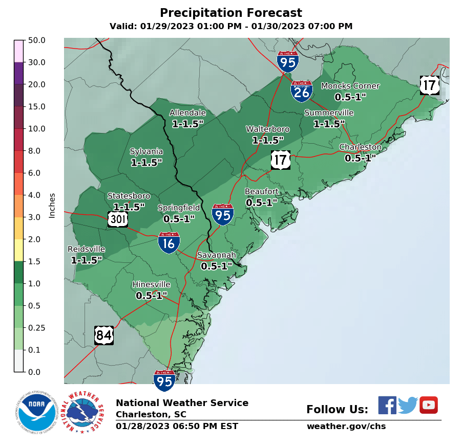 Here's the rainfall forecast for Sunday afternoon through Monday afternoon. #scwx #gawx