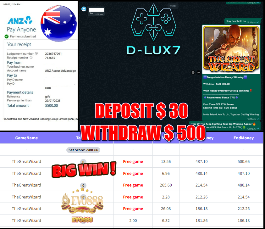 Dlux7Drive's tweet photo. PRODUCT - 🎮 EVO888 🎮

GAME - 🔥 THE GREAT WIZARD 🔥 

🎰‼️‼️ JACKPOT WINNING ‼️‼️🎰

DEPOSIT : 💥 AUD 30.00💥
CASHOUT : 💥 AUD 500.00 💥 

===============

🔹WELCOME BONUS 177%
🔹DAILY BONUS 30%
🔹UNLIMITED BONUS 10%
🔹DAILY AUTO REBATE 5%-10%
🔹REFERRAL BONUS 77% https://t.co/TaYCGuUX8A