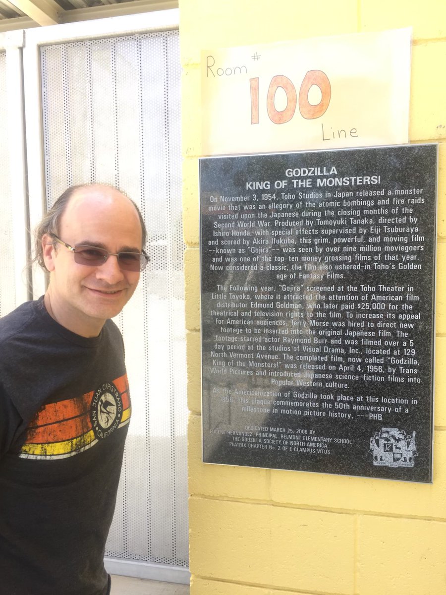 naski68's tweet photo. The wife (gf at this time) researched &amp; surprised me with a visit to the movie studio (now schoolhouse) where they shot Raymond Burr’s scenes for the American version of “Godzilla: King of the Monsters”. Not saying this is why I married her, but it didn’t hurt! #Svengoolie https://t.co/WGKhd0fZSk