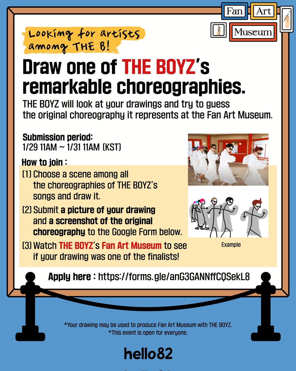 hello82official's tweet photo. 🎨 Submissions for THE BOYZ's Fan Art Museum is NOW OPEN!
Show us what you got 👩‍🎨 

💙 Calling all talented THE B! 💙
📥 https://t.co/DmlNBP9Fik
📅 ~ 1/31 11AM KST (You've got 48 hours!)

@IST_THEBOYZ
#FanArtMuseum_THEBOYZ #THEBOYZxhello82
#THEBOYZ #hello82 https://t.co/wbBSSPTHl2
