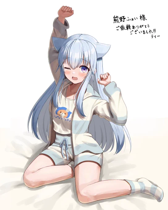 skebにてVtuberの熊野ふぁい様()を描かせていただきました。朝の寝起き指定ということで、想像の部屋着を着せましたが、今の季節だと足が寒いかもしれませんね。ご依頼ありがとうございました! #ふぁいアート 